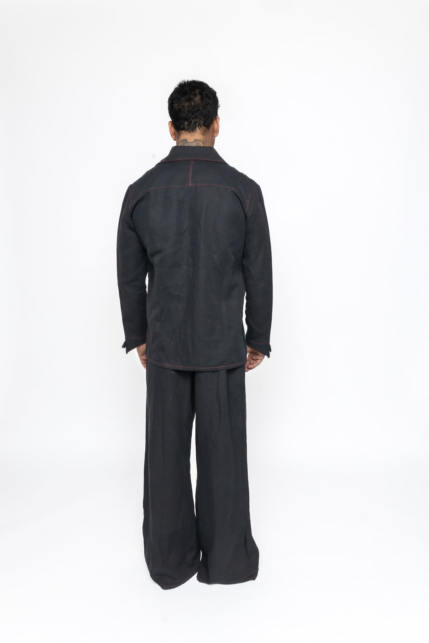 Razor Collar Shirt in Black Cotton Linen Mix