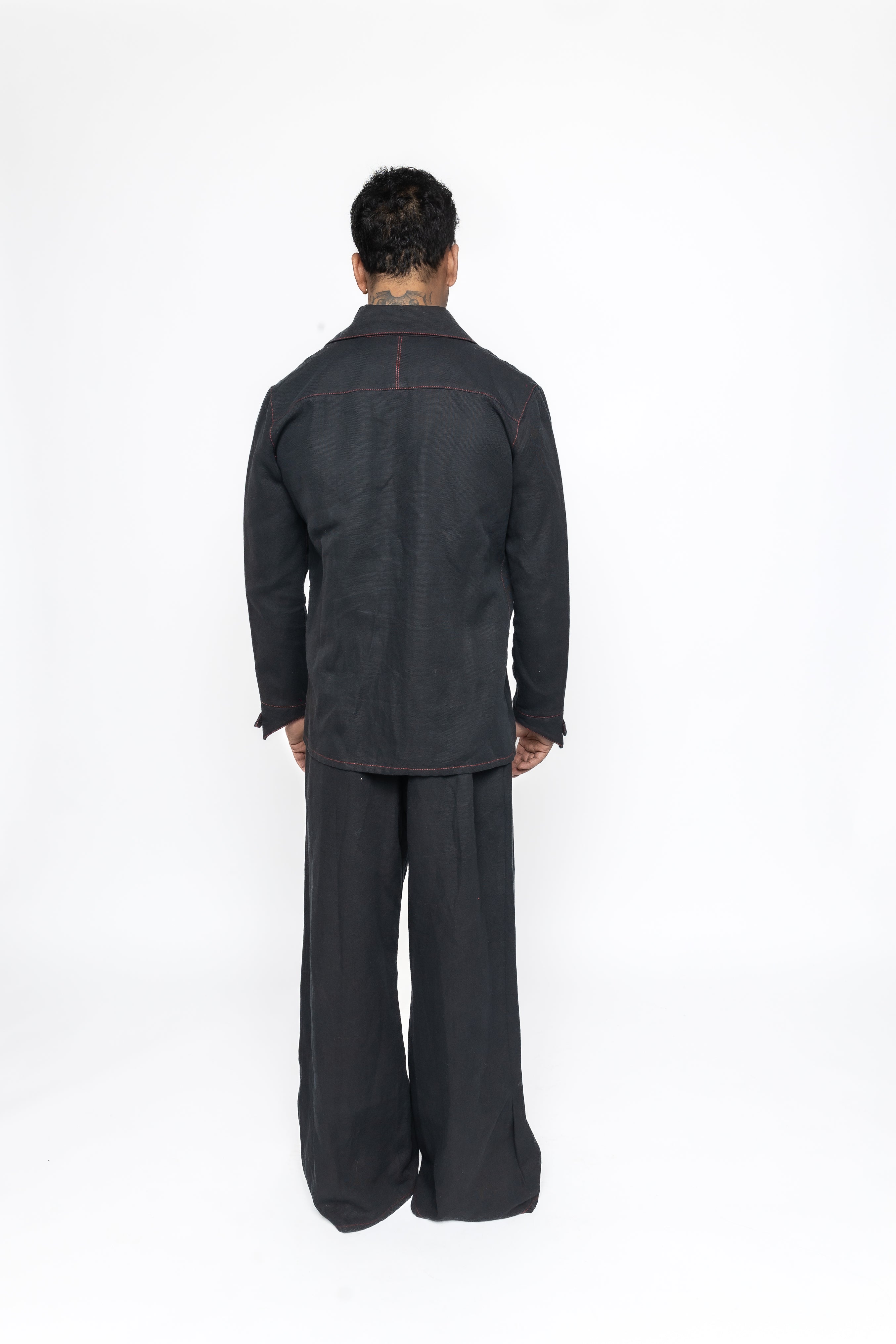 Razor Collar Shirt in Black Cotton Linen Mix