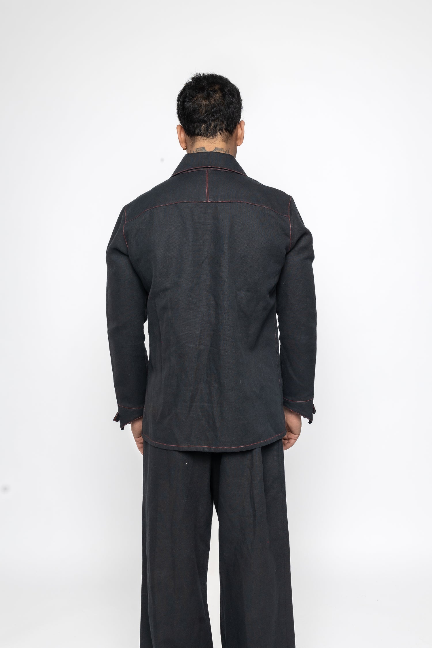 Razor Collar Shirt in Black Cotton Linen Mix