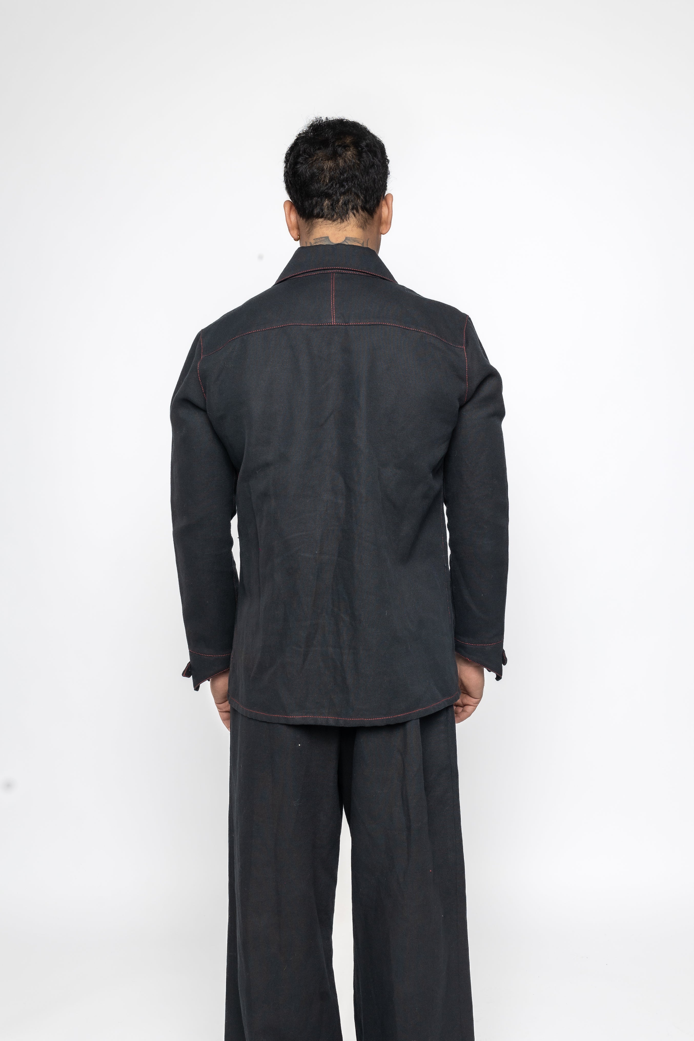 Razor Collar Shirt in Black Cotton Linen Mix