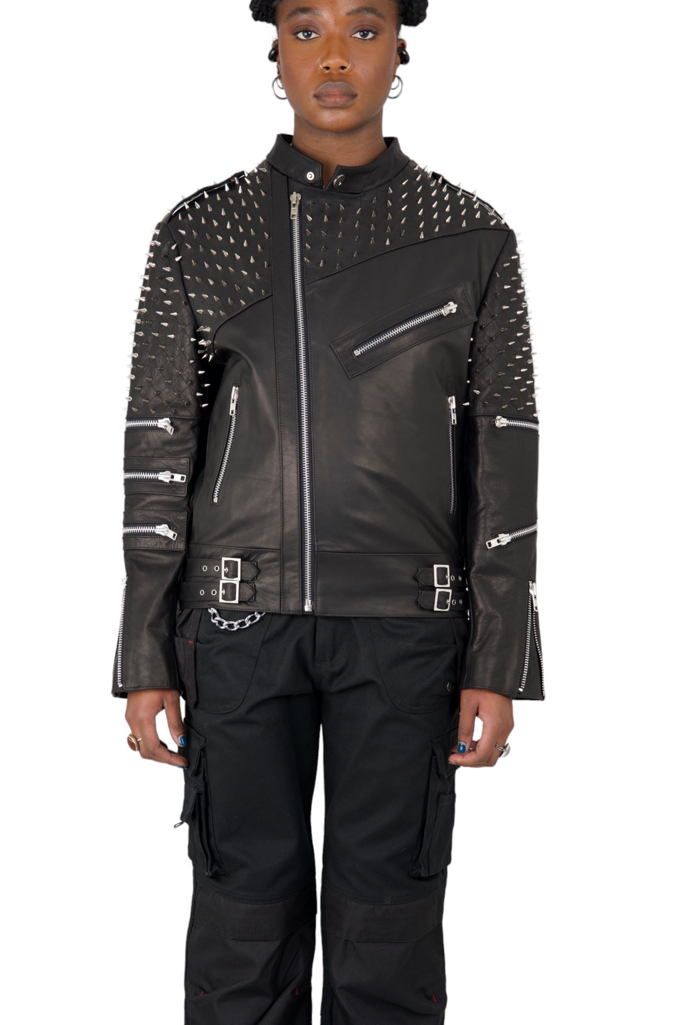 Nominal London Black Leather Studded Biker Jacket - Feminine Styling
