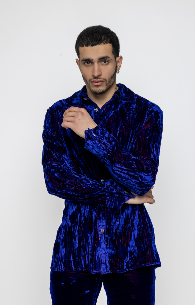 Leo - Crushed Velvet Shirt in Blue