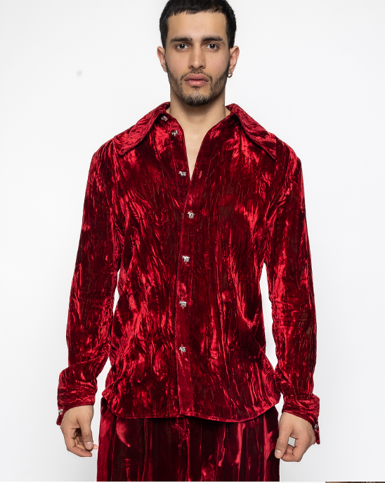 Leo - Crushed Velvet Shirt in Red