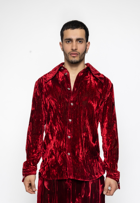 Leo - Crushed Velvet Shirt in Red