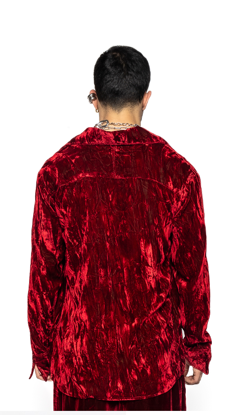 Leo - Crushed Velvet Shirt in Red