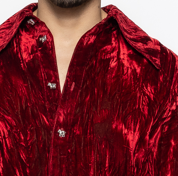 Leo - Crushed Velvet Shirt in Red