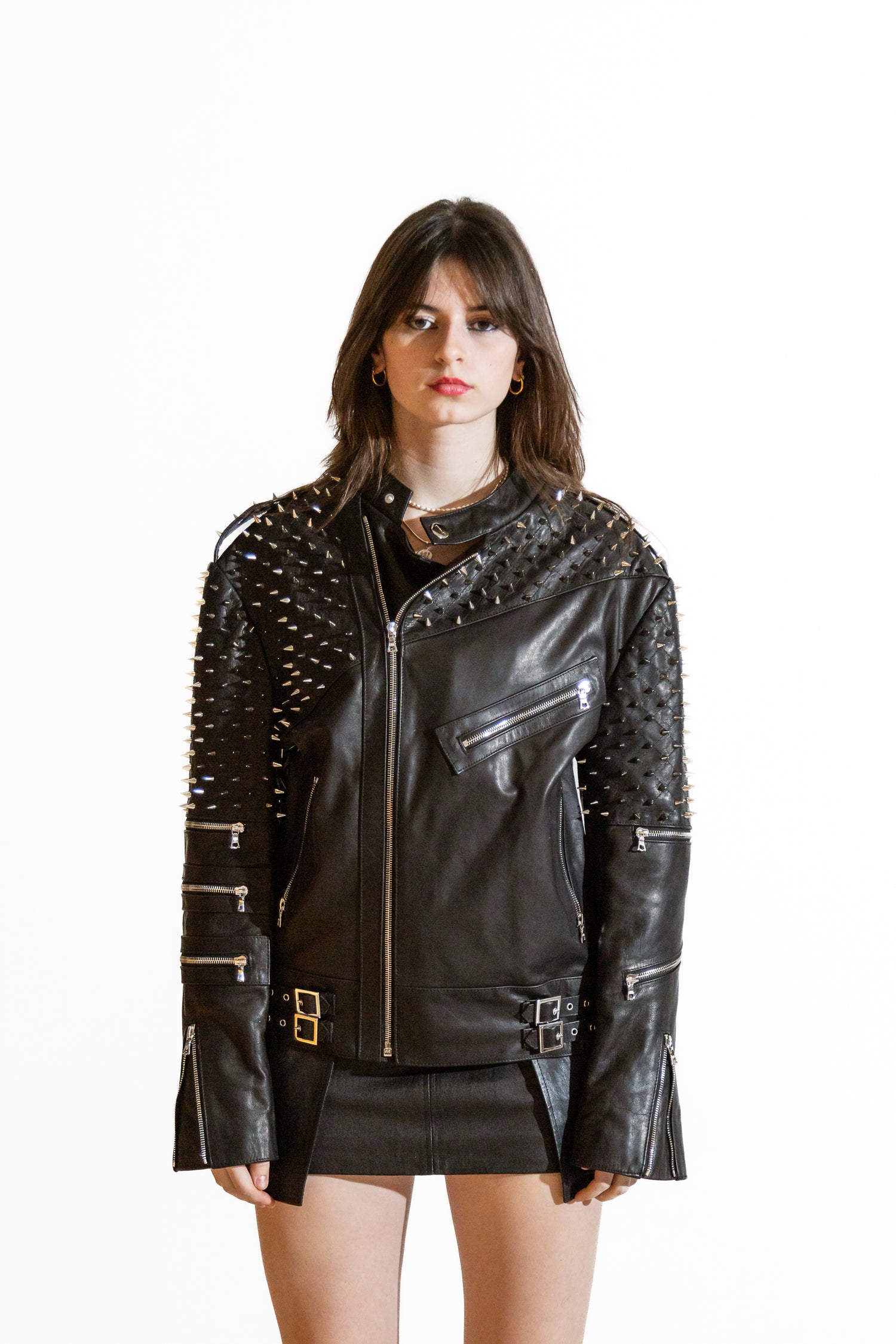 Nominal London Black Leather Studded Biker Jacket - Feminine Styling
