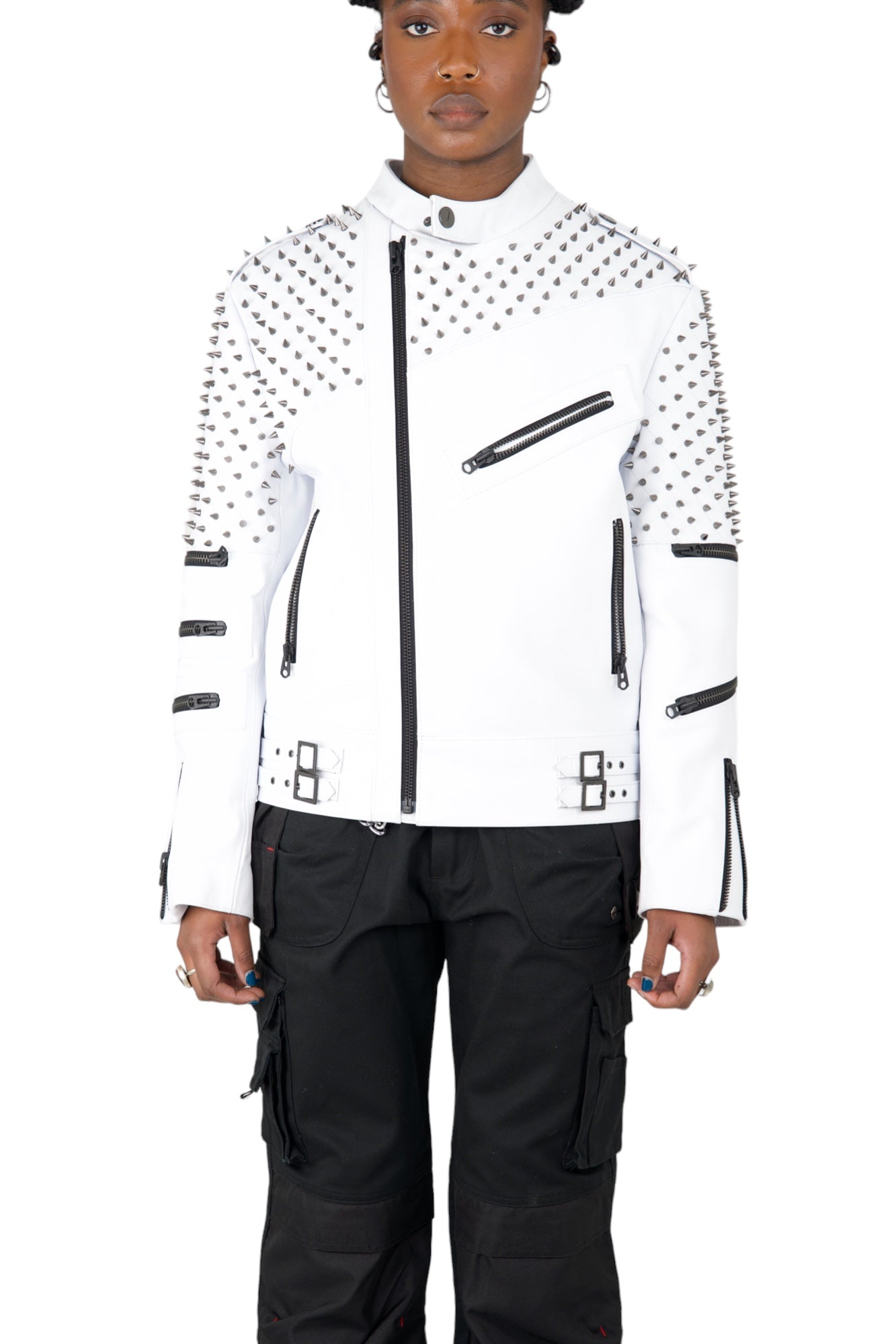 Nominal London White Leather Studded Biker Jacket  - Feminine Style