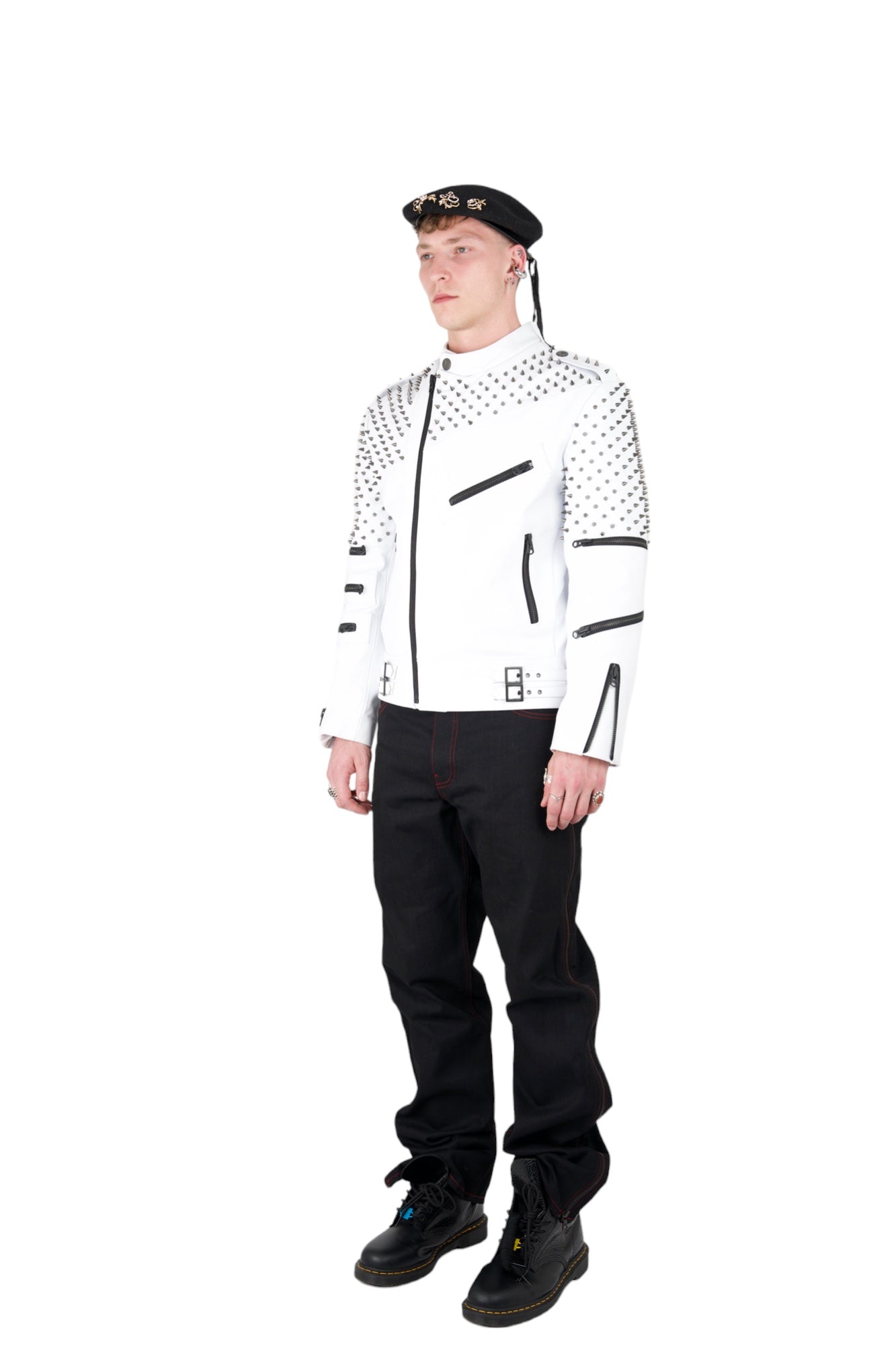 Nominal London White Leather Studded Biker Jacket