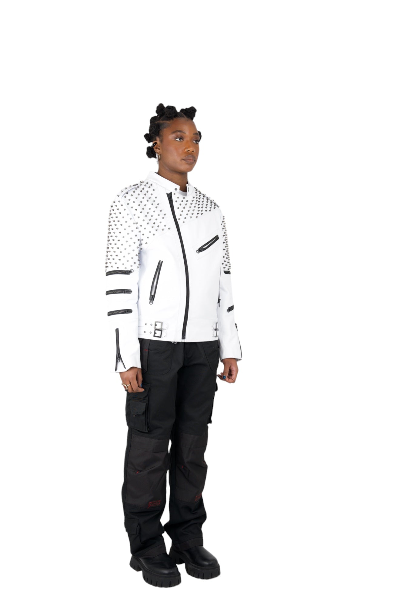 Nominal London White Leather Studded Biker Jacket