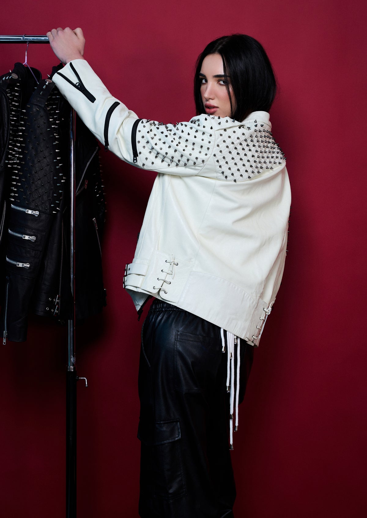 Nominal London White Leather Studded Biker Jacket