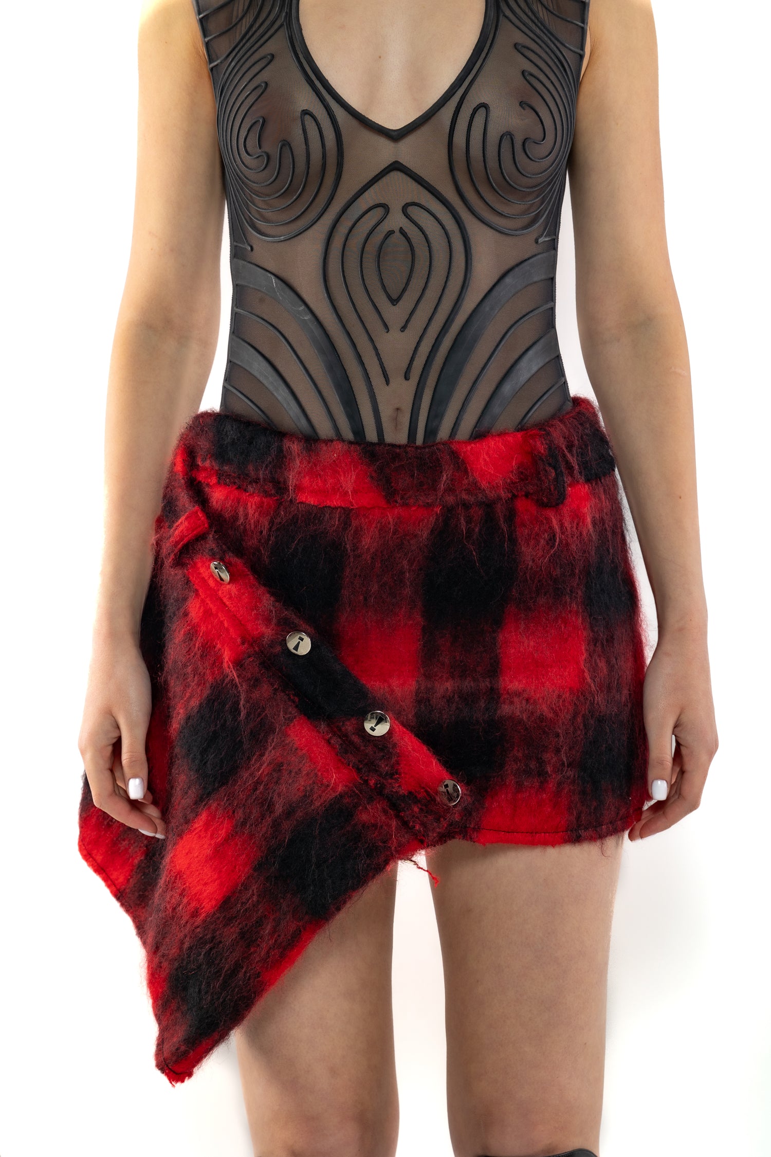 Red Mohair Plaid Wrap Skirt