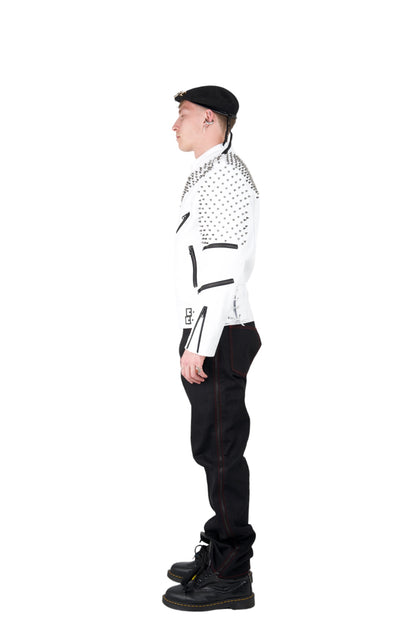 Nominal London White Leather Studded Biker Jacket  - Masculine Style