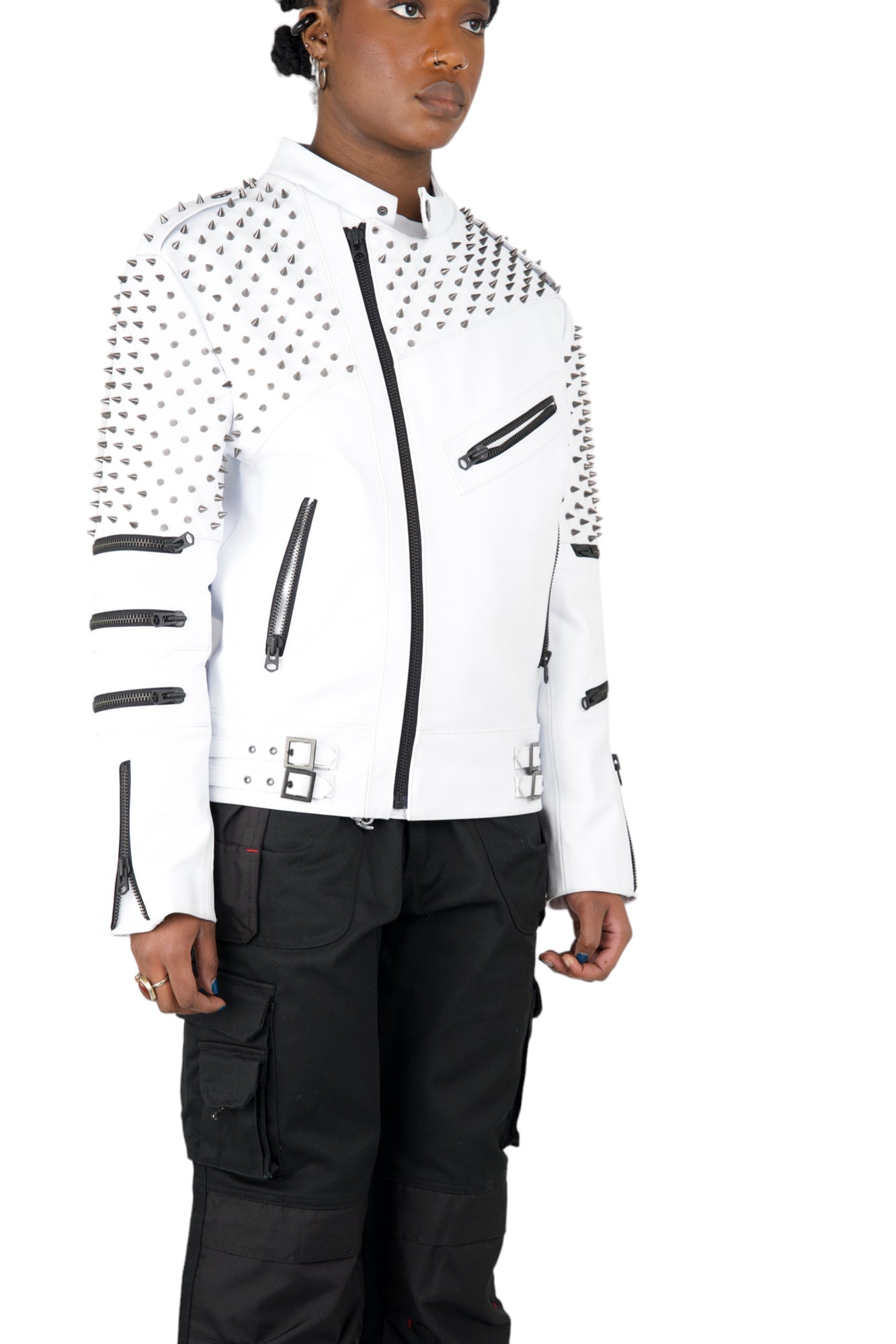 Nominal London White Leather Studded Biker Jacket