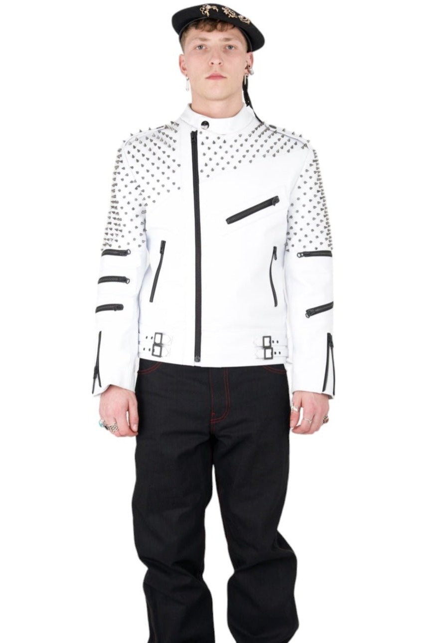 Nominal London White Leather Studded Biker Jacket  - Masculine Style