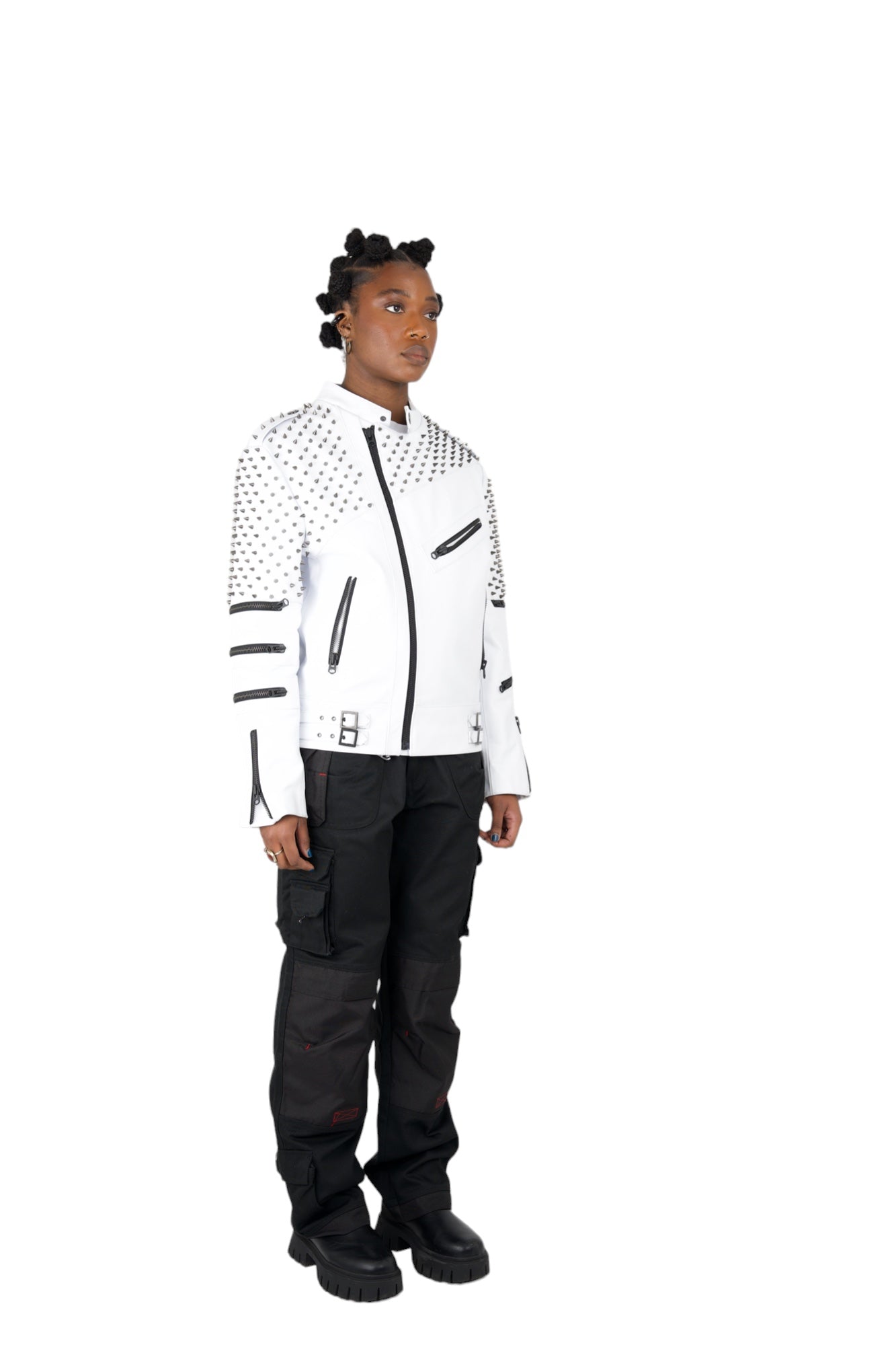 Nominal London White Leather Studded Biker Jacket