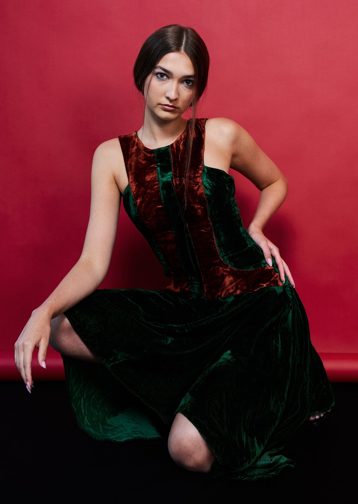 Nova - Assymentric Velvet Dress in Green
