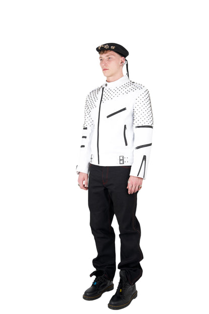 Nominal London White Leather Studded Biker Jacket  - Masculine Style