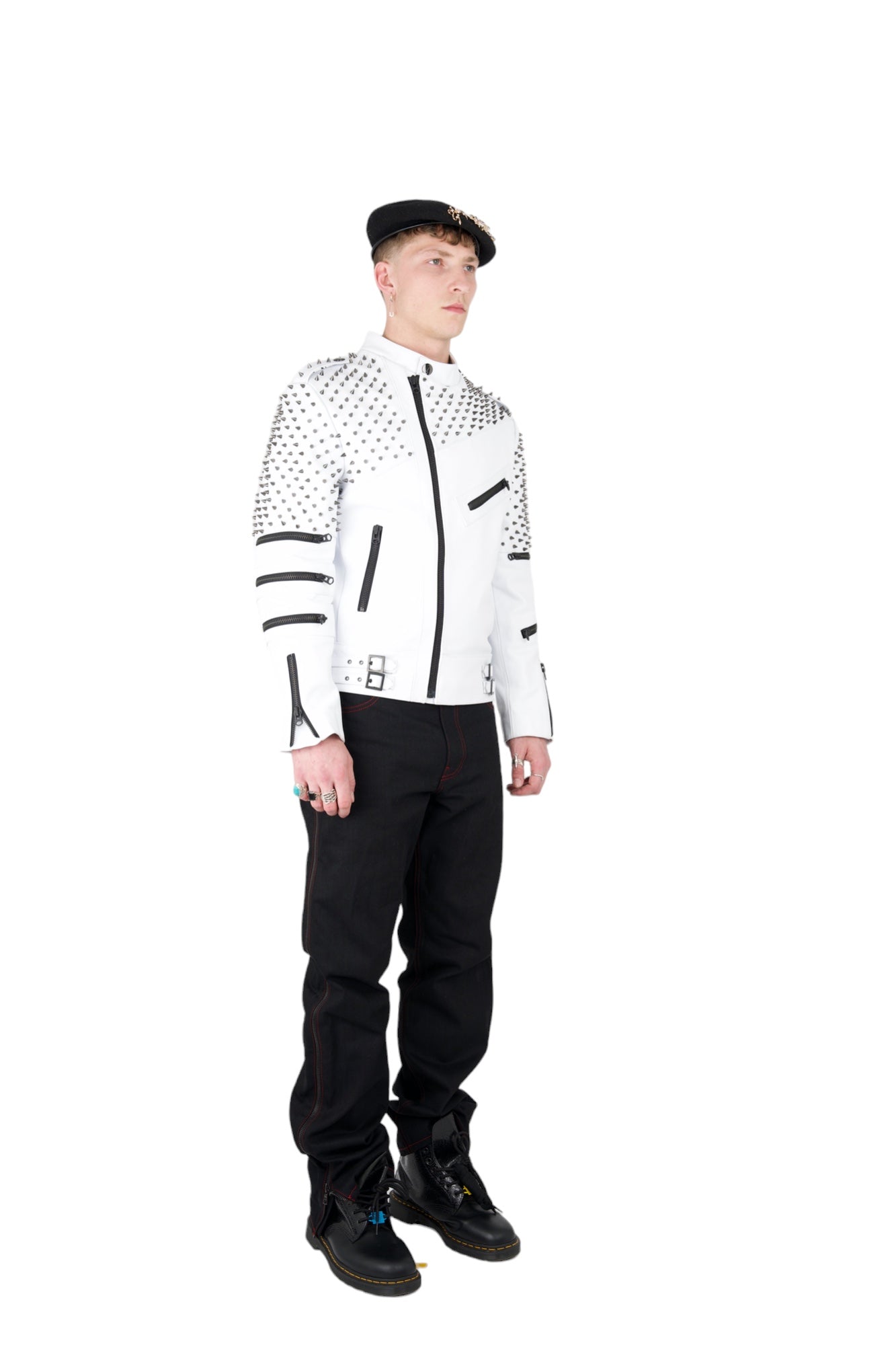 Nominal London White Leather Studded Biker Jacket  - Masculine Style