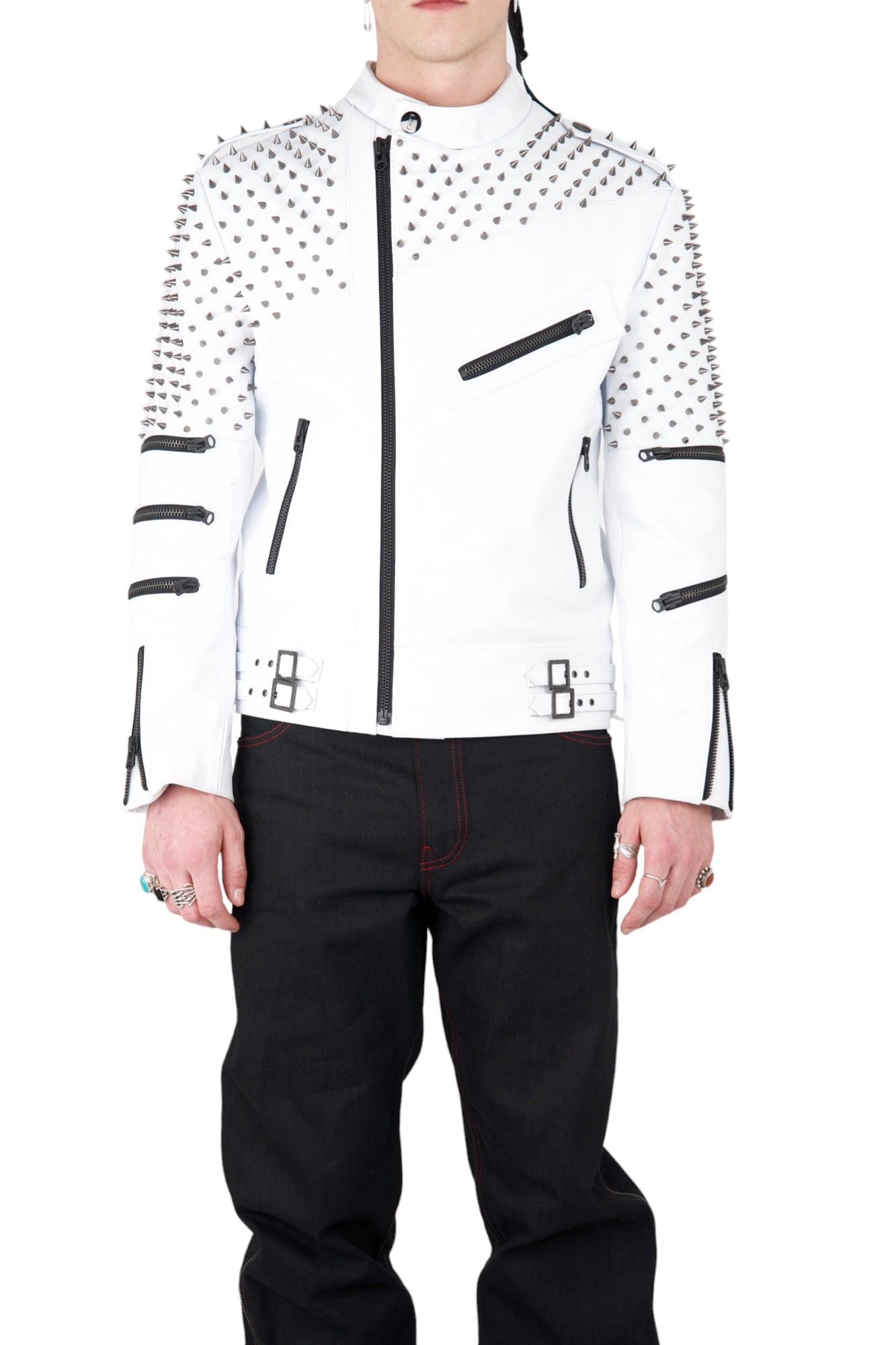 Nominal London White Leather Studded Biker Jacket