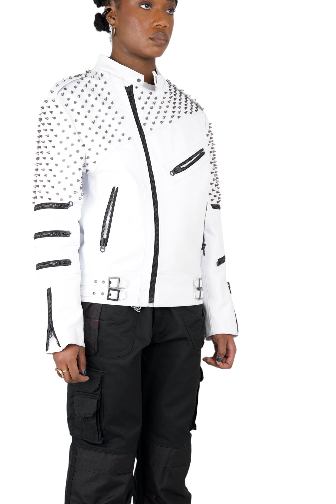 Nominal London White Leather Studded Biker Jacket  - Feminine Style