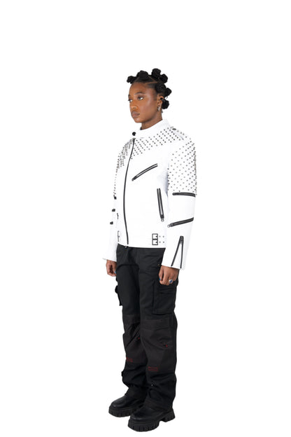 Nominal London White Leather Studded Biker Jacket  - Feminine Style