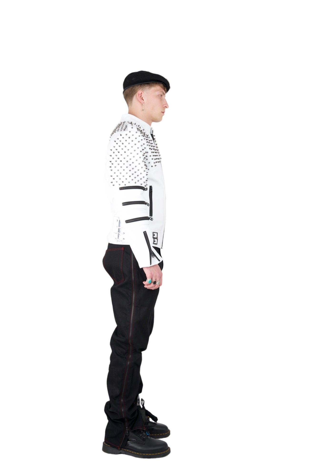 Nominal London White Leather Studded Biker Jacket  - Masculine Style