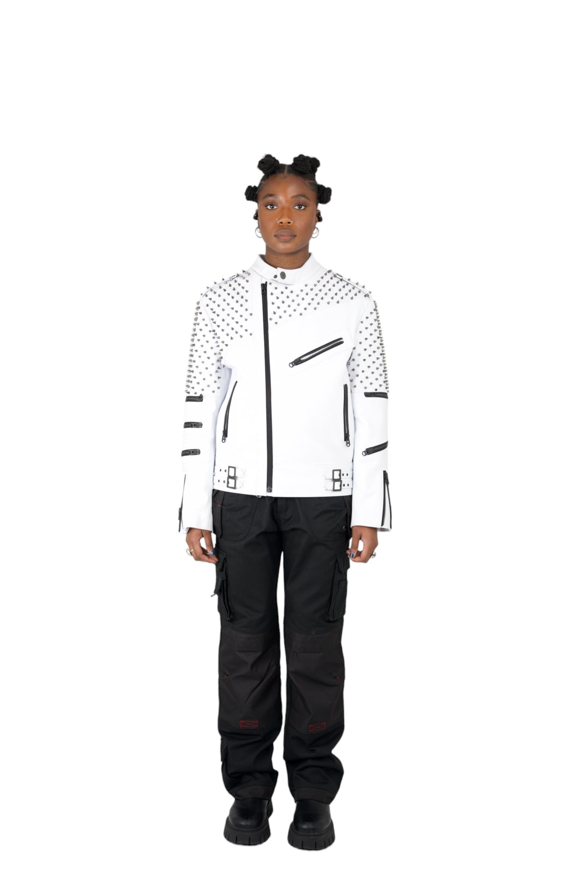 Malcolm White Leather Studded Biker Jacket