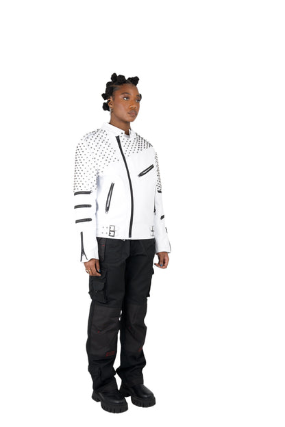 Nominal London White Leather Studded Biker Jacket