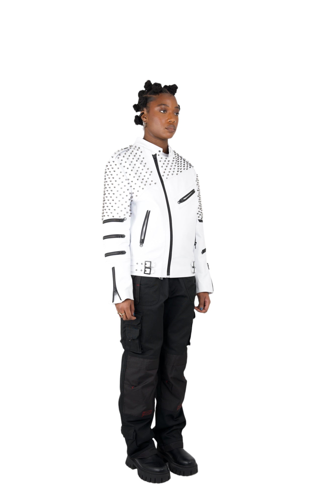 Nominal London White Leather Studded Biker Jacket  - Feminine Style