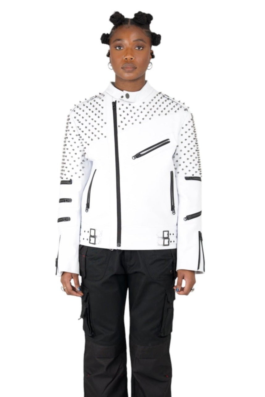 Nominal London White Leather Studded Biker Jacket