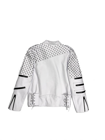 Nominal London White Leather Studded Biker Jacket  - Masculine Style