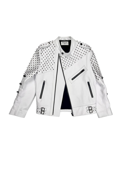 Nominal London White Leather Studded Biker Jacket  - Masculine Style