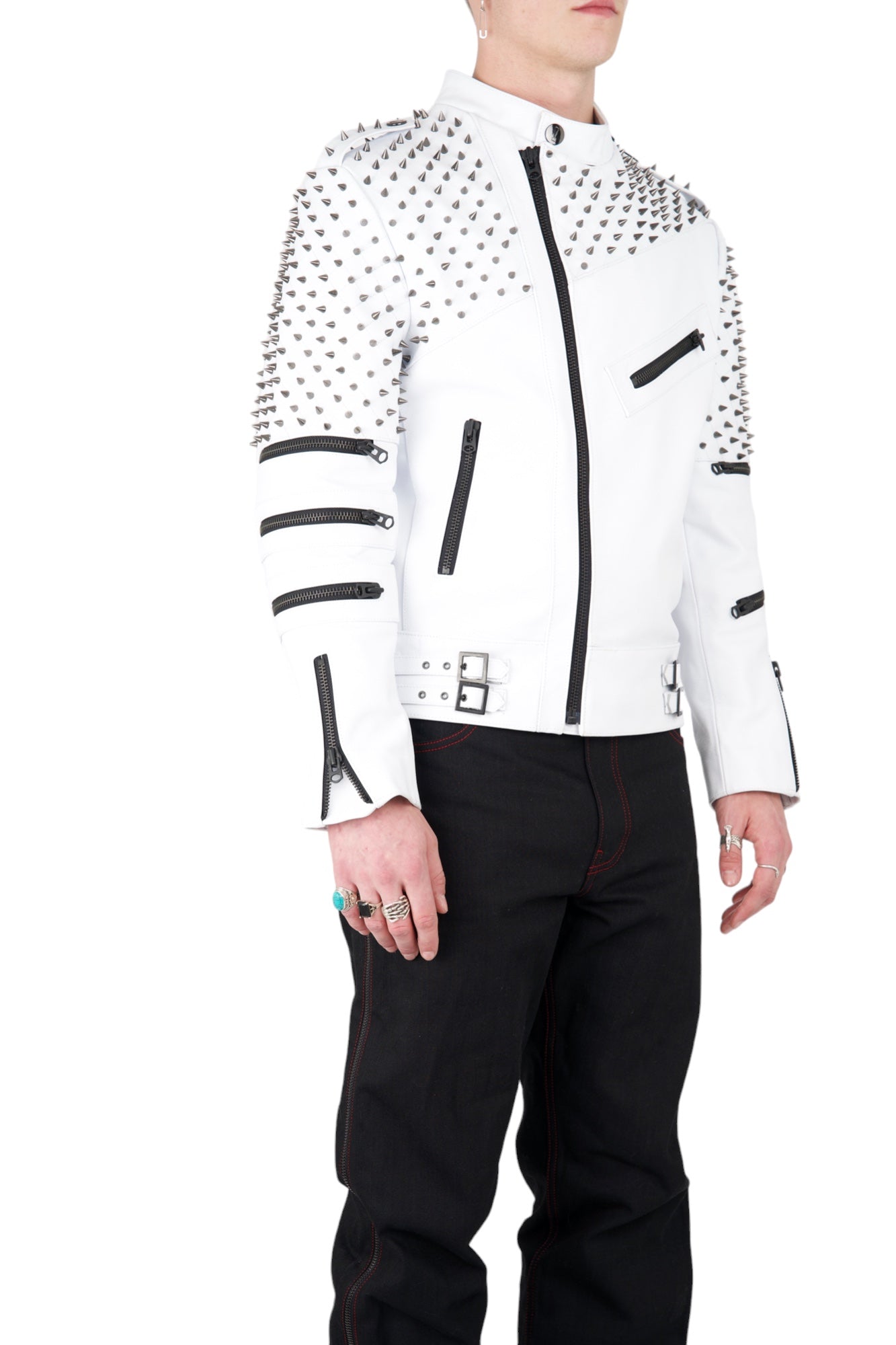 Nominal London White Leather Studded Biker Jacket  - Masculine Style