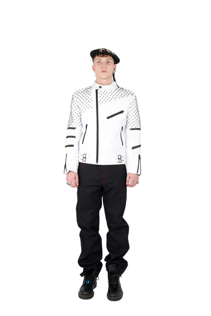 Nominal London White Leather Studded Biker Jacket