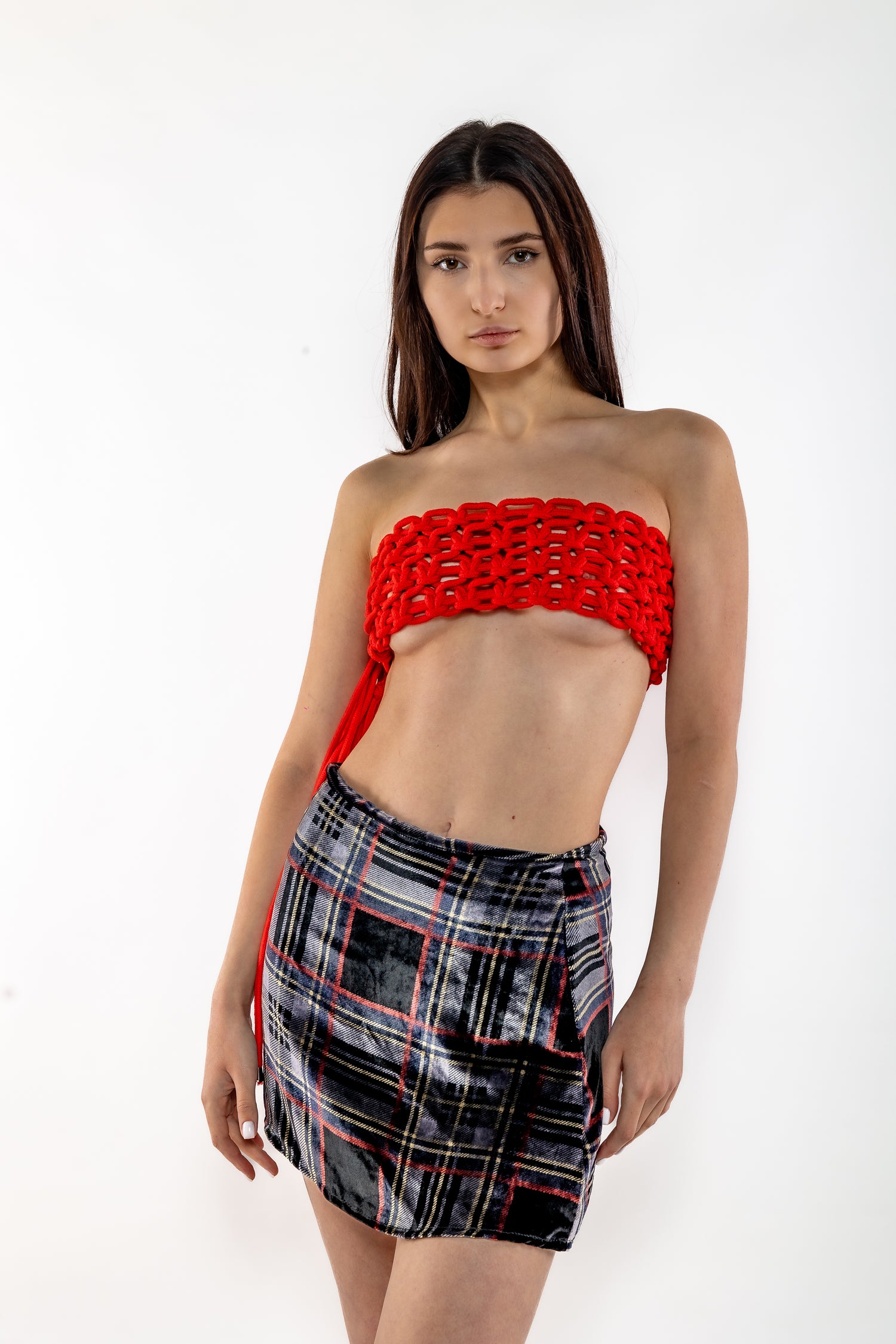 Crushed Velvet Tartan Miniskirt