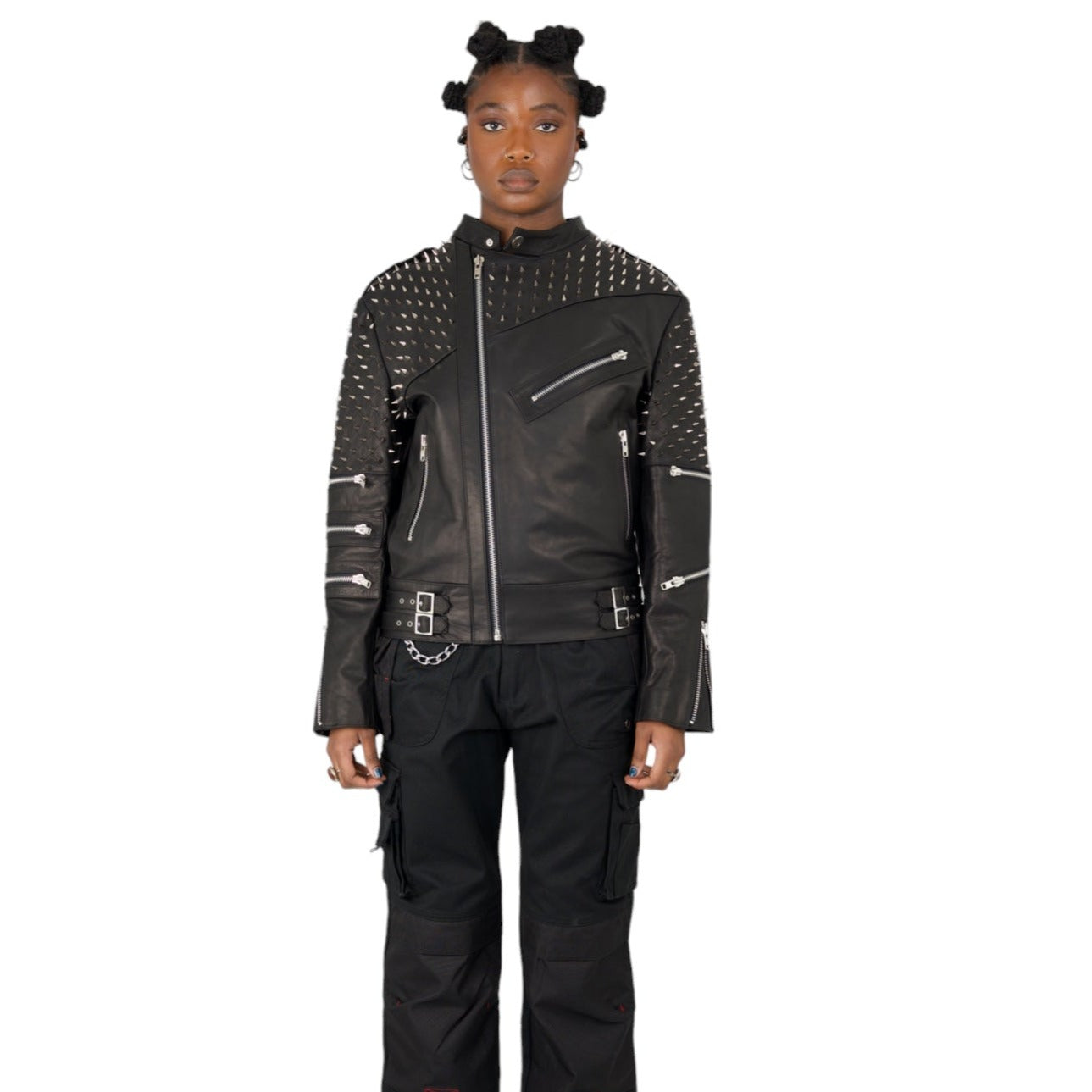 Nominal London Black Leather Studded Biker Jacket - Feminine Style