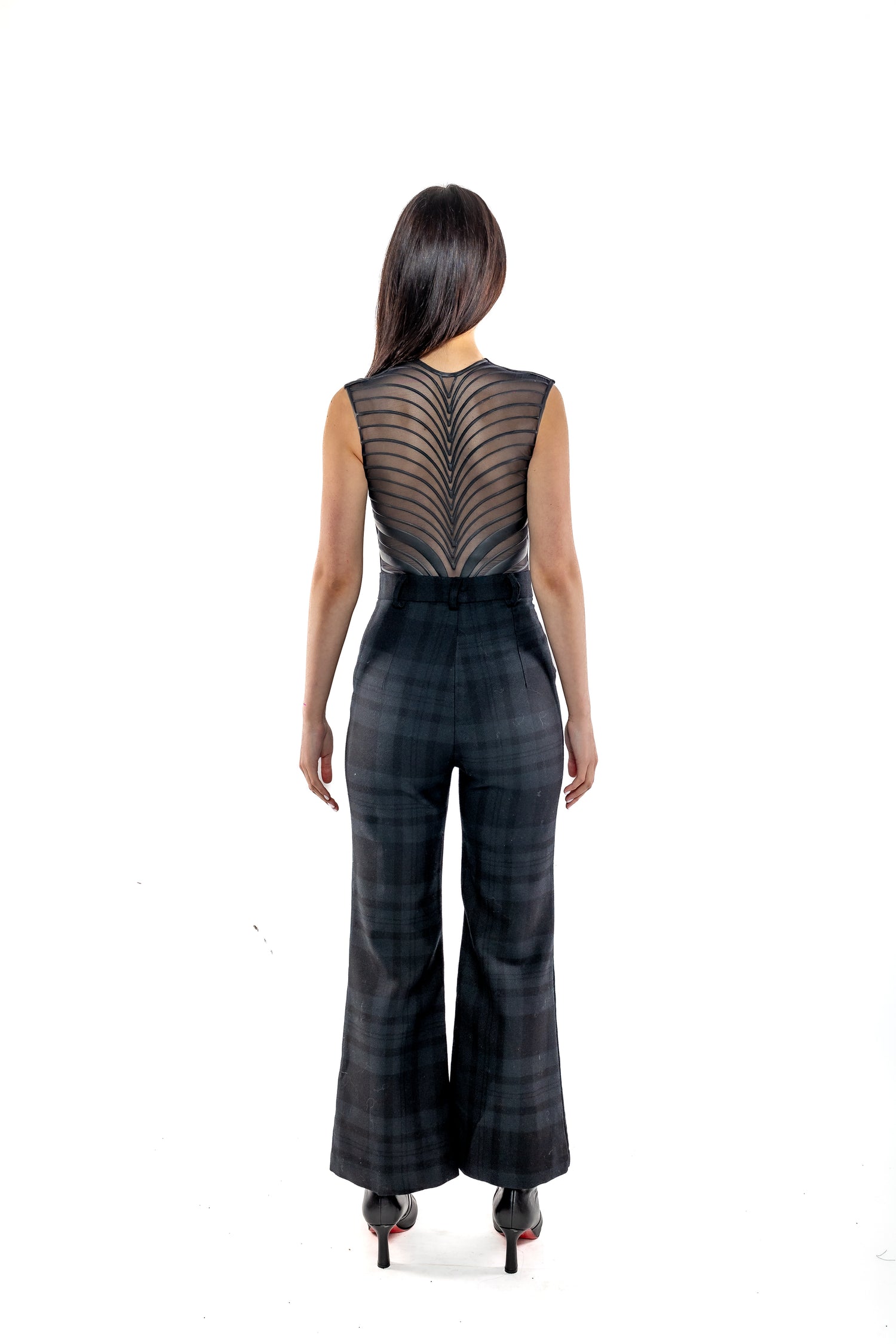 100% Scottish Wool Black Tartan Flare Trousers - Feminine Styling