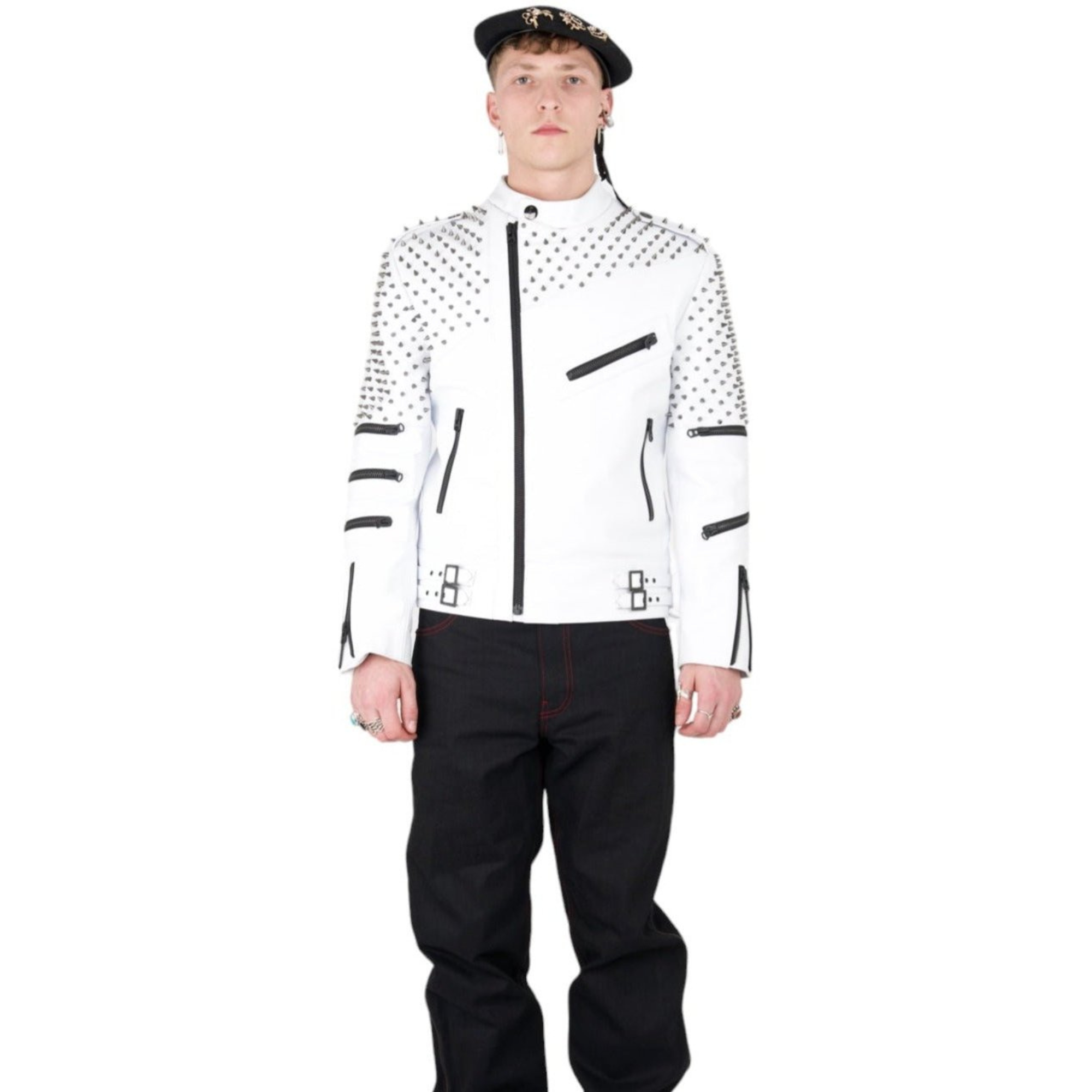 Nominal London White Leather Studded Biker Jacket  - Masculine Style