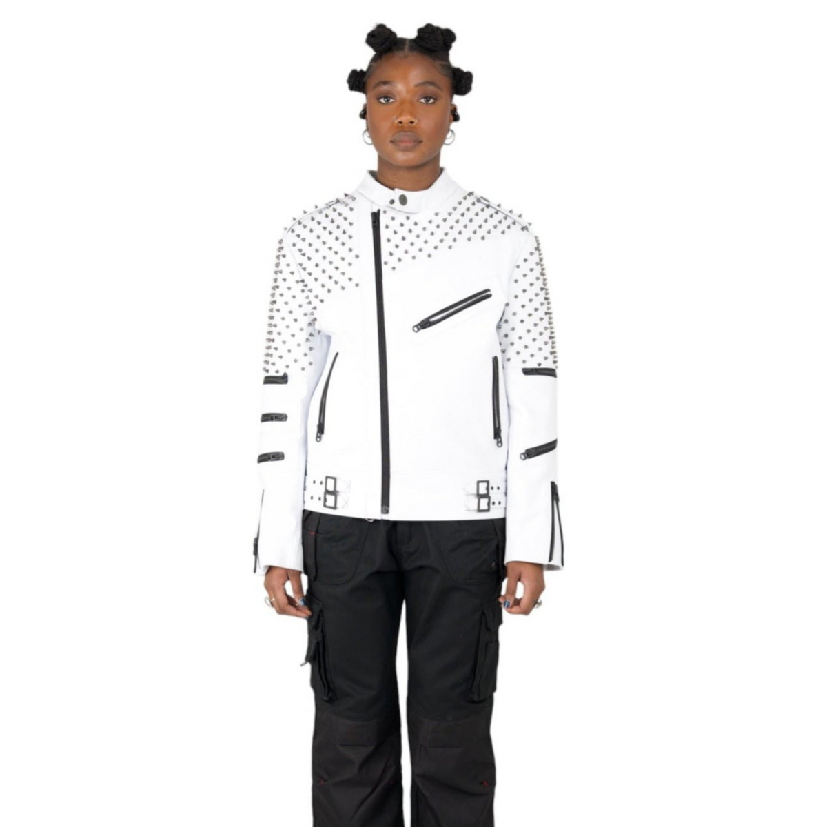 Malcolm White Leather Studded Biker Jacket