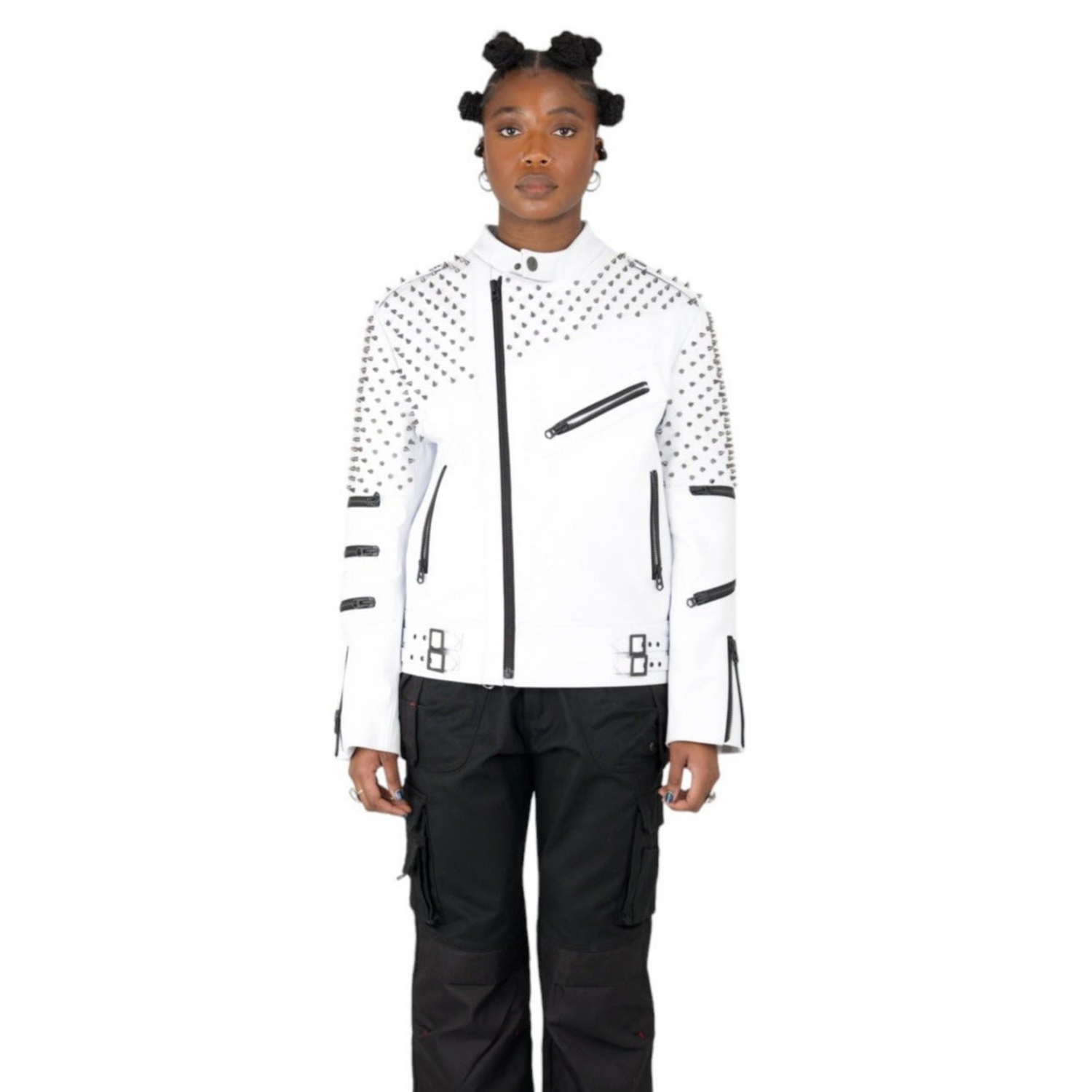 Nominal London White Leather Studded Biker Jacket