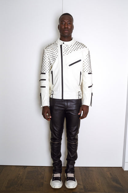 Nominal London White Leather Studded Biker Jacket