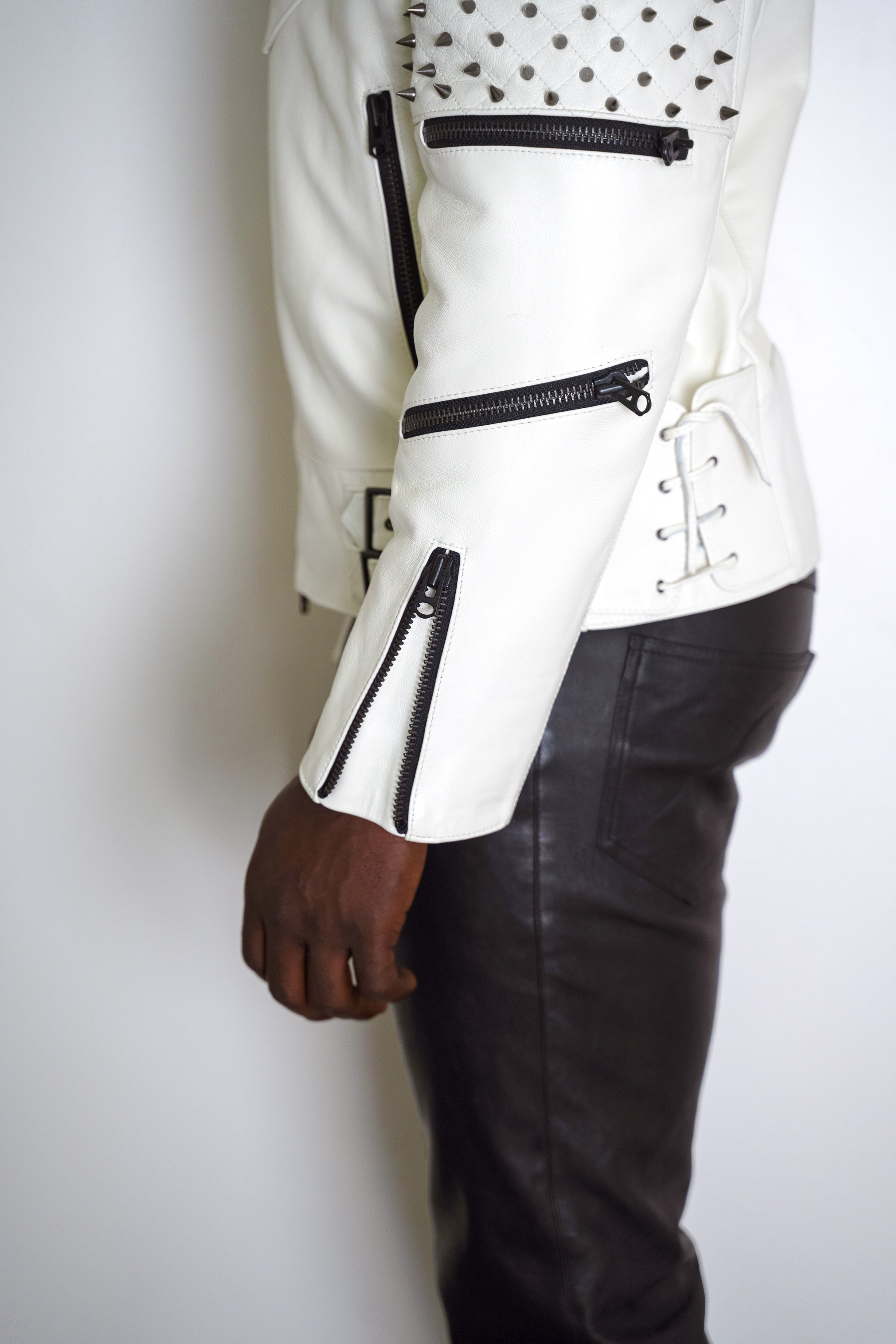 Nominal London White Leather Studded Biker Jacket