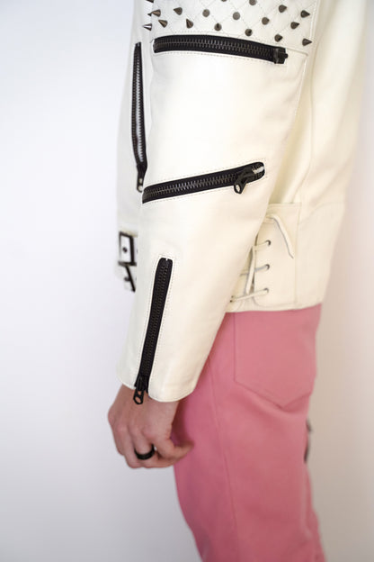 Nominal London White Leather Studded Biker Jacket