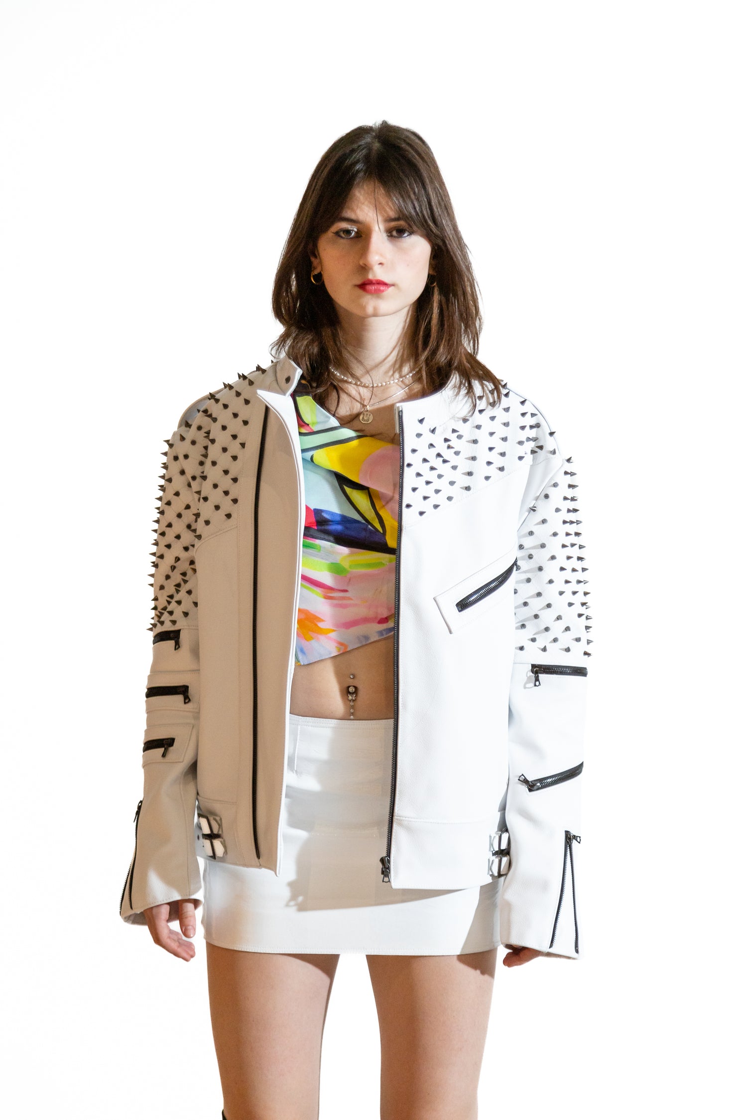 Nominal London White Leather Studded Biker Jacket