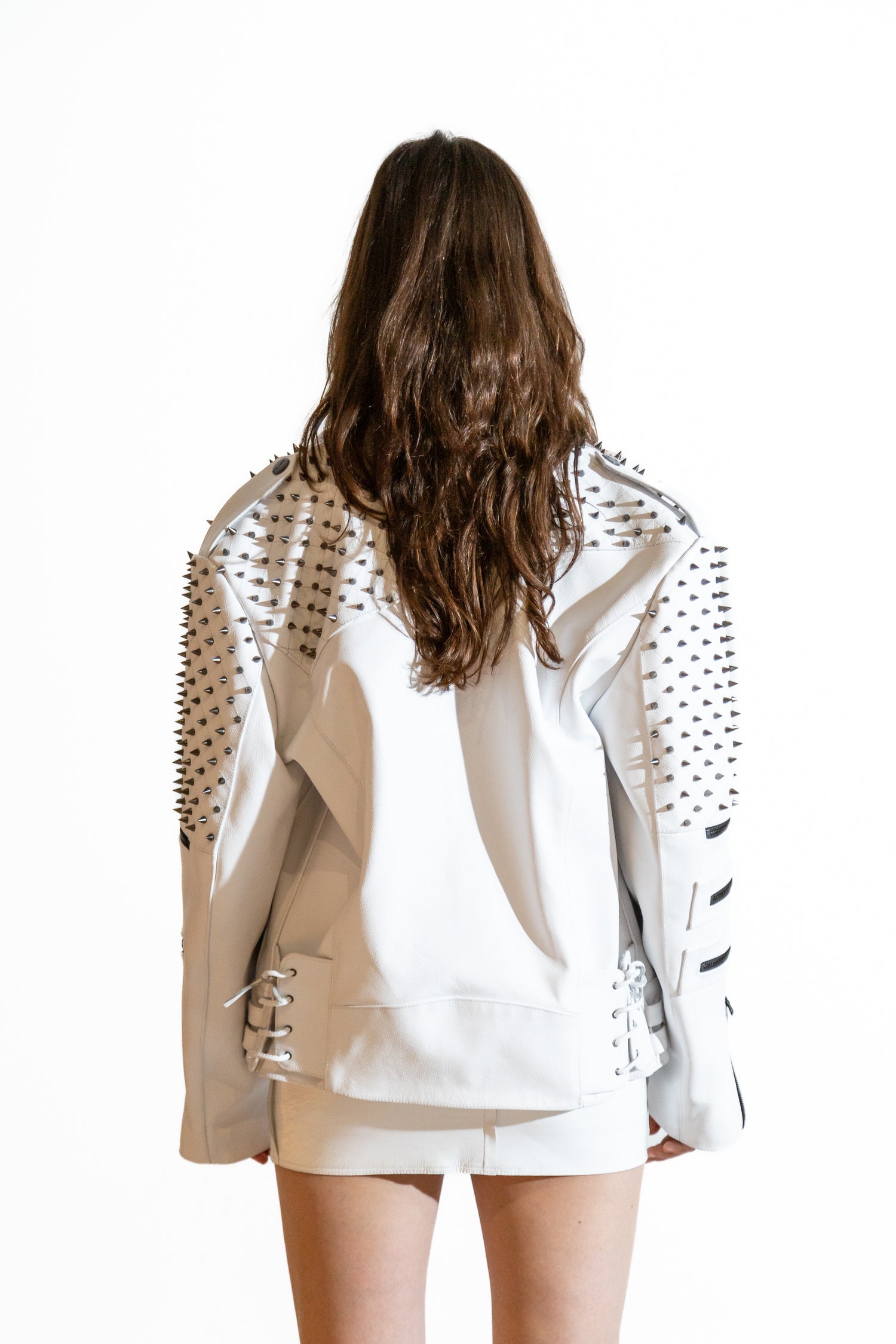 Nominal London White Leather Studded Biker Jacket  - Feminine Style